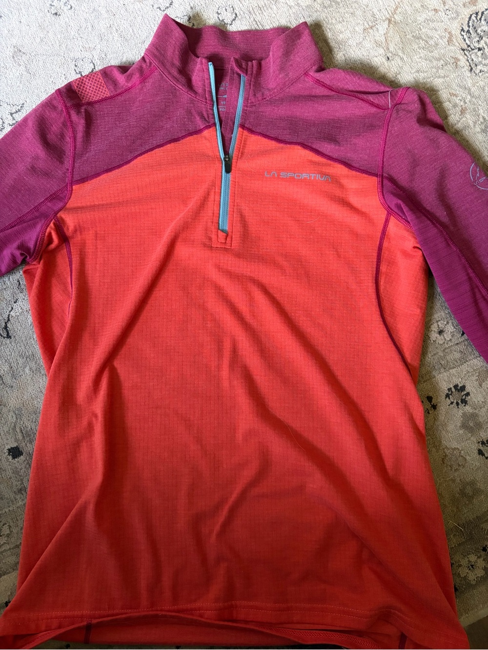 La Sportiva Women's Half-Zip Pullover in Coral & Magenta with Aqua Trim
